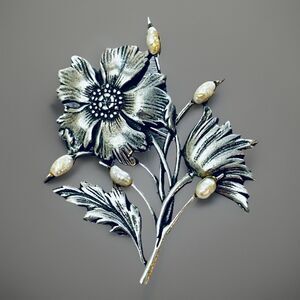 JJ Jonette Floral Brooch Flower Bouquet Pearl Accent Pewter Metal VTG